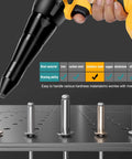 Tronyan Cordless Rivet Gun With Brushless Motor Pulls 2000 Lbs Force For 1/8 5 32 3 16 Inch Rivets Compatible With Dewalt 20v Max Battery Bare Tool, showing stainless steel and aluminum rivets.