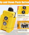 Front view of 3 Wire 12V Remote Control Switch for single acting hydraulic pumps with dual button up and down control, yellow casing.