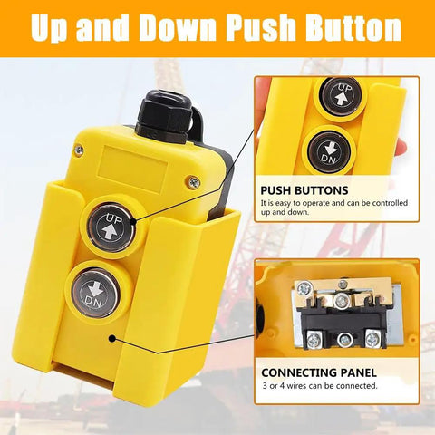 Front view of 3 Wire 12V Remote Control Switch for single acting hydraulic pumps with dual button up and down control, yellow casing.