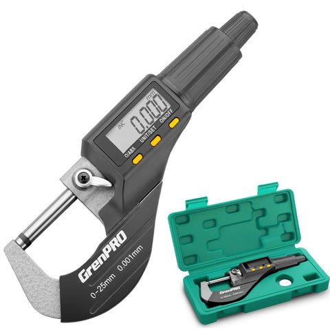 Pro Grade Digital Micrometer Measuring Tool For Precision Inch And Metric Thickness With 0.00005 In 0.001 Mm Accuracy, 0-25 Mm Range