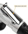 Close-up of Bainuo Pneumatic Chamfering Machine safety pressure plate switch, showcasing handheld design for edge trimming.