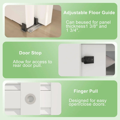 5 Foot 60 Inch Bypass Door Hardware Kit With Aluminum Double Closing Sliding Closet Doors, Finger Pull Included, Smooth And Quiet Operation, Fits Door Thickness 1 3 8 Inch Or 1 3 4 Inch, Silver Finish, components details