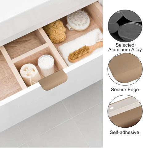 4 Pack Self Adhesive Rounded Edge Drawer Pulls Concealed Aluminum Alloy Invisible Wardrobe Handles For Cabinets And Closets 80mm Bronze Durable Rust Resistant Easy Install No Drills Needed showing installed handle on drawer
