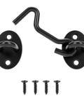 Bulletproof 3 Inch Hook And Eye Gate Latch Straight Up Heavy Duty Barn Door Lock with black finish and screws shown.