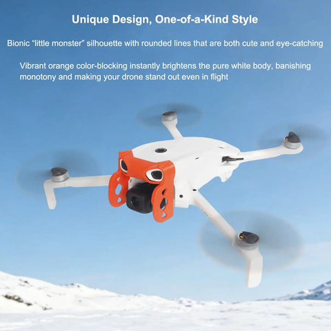 Anti Collision Gimbal Bumper Guard For Lito X1 And Lito 1 Drones in flight with orange accents, snowy landscape backdrop