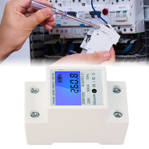 No Fuss Single Phase Energy Meter 5 To 80A DDM15SC With LCD Display and 2P LED DIN Rail Wattmeter installed on panel