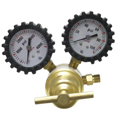 Uniweld RO100 oxygen regulator with dual gauges, brass body and black protective bezels; A outlet, 540 CGA inlet