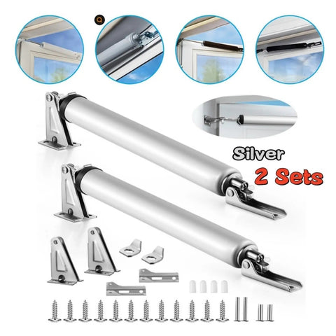Two Pack Pneumatic Door Closer Set For Soft Close, Adjustable Speed And Positioning Door Stop, Holder Hardware in silver.