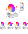 Recessed Lighting 4 Inch RGBCW Color Changing 12W LED Downlights with Junction Box on display with remote control for color settings.