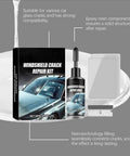 Windshield Crack Repair Kit For Chips And Cracks Professional Grade Glass Repair Liquid displayed with resin, bridge injector, curing films.