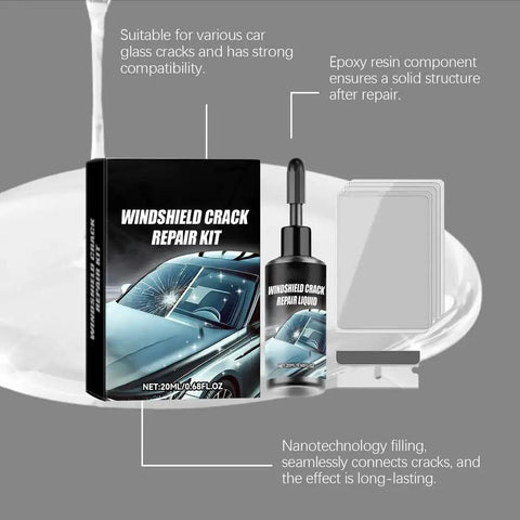 Windshield Crack Repair Kit For Chips And Cracks Professional Grade Glass Repair Liquid displayed with resin, bridge injector, curing films.
