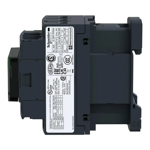 Side view of LC1D Series 24V AC Contactor 18 Amp Heavy Duty Motor Starter with 3 Poles, ideal for machinery control panels.