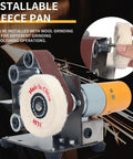 Compact Mini Belt Sander Electric Knife Sharpener Featuring Seven Adjustable Speeds And Multi Grit Abrasive Belts with fleece pan attachment.