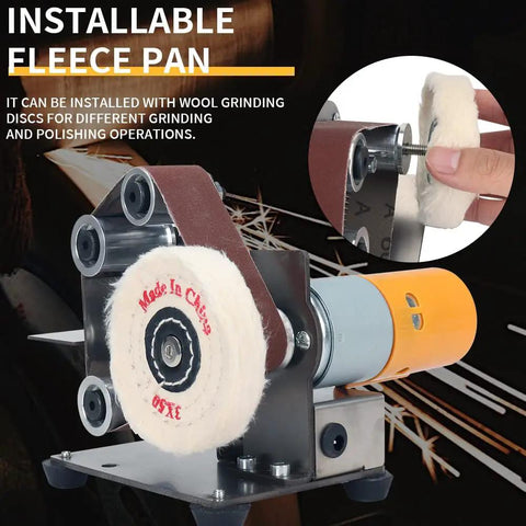 Compact Mini Belt Sander Electric Knife Sharpener Featuring Seven Adjustable Speeds And Multi Grit Abrasive Belts with fleece pan attachment.