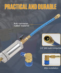 AC Dye And Oil Injector Kit For R134A Cars, 2oz Capacity Aluminum Alloy Body With Snap Quick Coupler, Pro Grade Car AC Maintenance Tool close-up with connector and hose detail