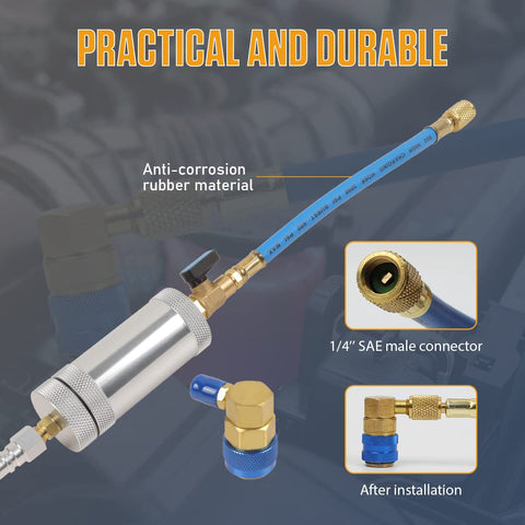AC Dye And Oil Injector Kit For R134A Cars, 2oz Capacity Aluminum Alloy Body With Snap Quick Coupler, Pro Grade Car AC Maintenance Tool close-up with connector and hose detail