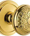 Circular Rosette Privacy Door Knob Set With Windsor Knob In Polished Brass 2.375 Inch Bore Solid Forged Brass Construction