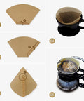 Image showing Size 4 Cone Coffee Filters, 8-12 Cup, 200 Count, Unbleached Natural Paper being used in a pour over coffee maker, step by step.