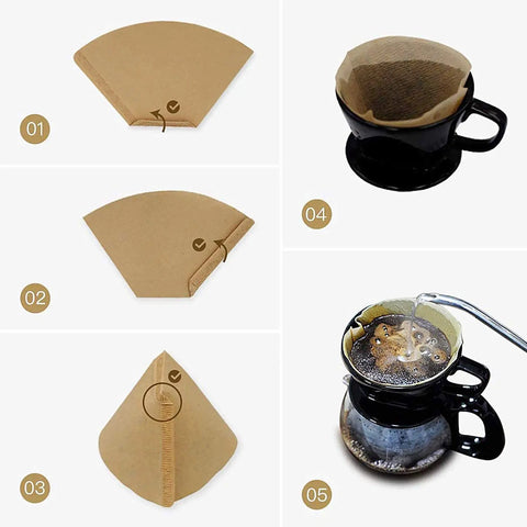 Image showing Size 4 Cone Coffee Filters, 8-12 Cup, 200 Count, Unbleached Natural Paper being used in a pour over coffee maker, step by step.