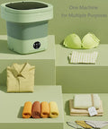 Ridiculously Compact Ten Liter Foldable Mini Washing Machine Featuring Three Auto Wash Cycles Ultrasonic Deep Cleaning And Blue Light Sterilization with folded clothes and towels.