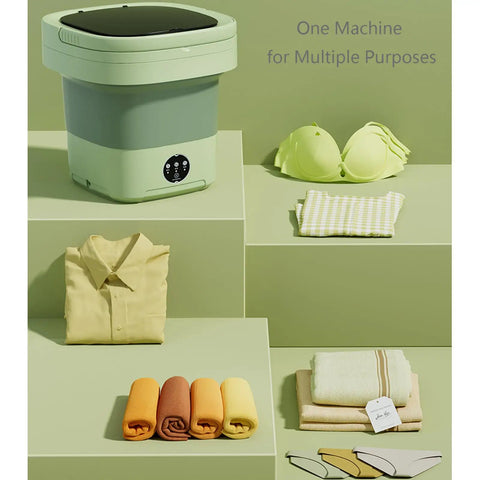 Ridiculously Compact Ten Liter Foldable Mini Washing Machine Featuring Three Auto Wash Cycles Ultrasonic Deep Cleaning And Blue Light Sterilization with folded clothes and towels.