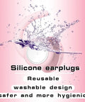 Ultra Comfy Noise Canceling Ear Plugs For Sleep And Travel Reusable Silicone with splash showing washable feature.