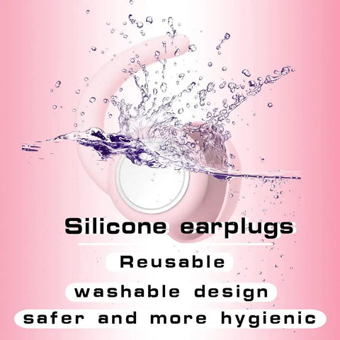 Ultra Comfy Noise Canceling Ear Plugs For Sleep And Travel Reusable Silicone with splash showing washable feature.