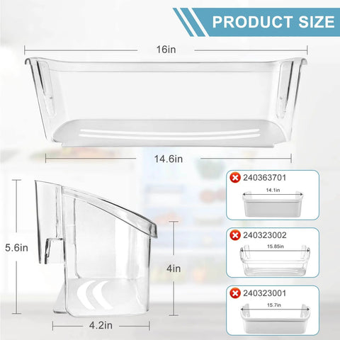 Refrigerator Door Bin Shelf Replacement 242126602 dimensions with 16in width; side view shows durable polypropylene frame.