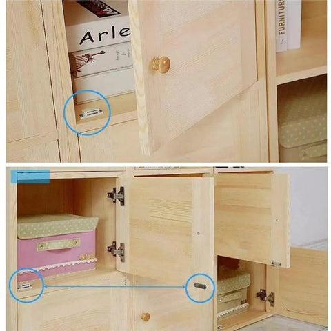 Dope Set Of 5 Magnetic Door Catches For Cabinets Wardrobes Cupboards Super Strong Hold Latches To Keep Doors Shut Tight And Look Cool Around The House, showing various magnetic latches on wooden cupboard doors.