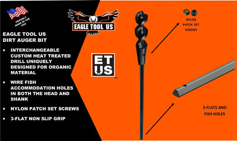 Made In USA Dirt Auger Drill Bit With Three Quarters Inch Head And 72 Inch Shank, flexible spring steel shank, wire fishing holes