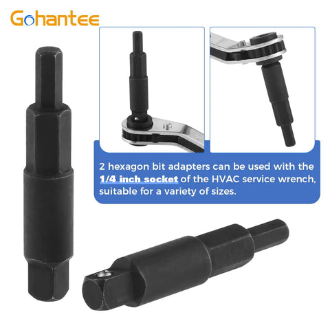 HVAC Service Wrench Kit With Quick Flip Ratchet for Air Conditioning Valves featuring bit adapters and 1/4 inch socket.