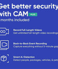 CAM Plus security features with 3 months included, recording videos, back-to-back event recording, and smart A.I detection.