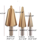 Three Piece HSS Titanium Plated Umbrella Chamfer Step Drill Bit Set For Chamfering And Quick Hole Opening Sizes 16 30.5mm 5 20mm 3 14mm