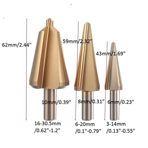 Three Piece HSS Titanium Plated Umbrella Chamfer Step Drill Bit Set For Chamfering And Quick Hole Opening Sizes 16 30.5mm 5 20mm 3 14mm