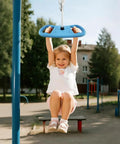 Child using Three In One Kids Swing Set With Disc Seat Climbing Rope Pull Up Bar And Balance Board For Outdoor Treehouse And Backyard Play Easy Setup Durable Child Safe Playground Accessory in park