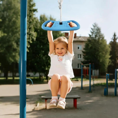Child using Three In One Kids Swing Set With Disc Seat Climbing Rope Pull Up Bar And Balance Board For Outdoor Treehouse And Backyard Play Easy Setup Durable Child Safe Playground Accessory in park