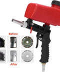 Wreck Old Rust And Peeling Paint Fast With This Heavy Duty Gravity Sandblaster Gun Kit Using A Ninety Psi Pneumatic Trigger To Prep Metal And Wood Smooth Without Breaking A Sweat In Red, showing handle and hopper.