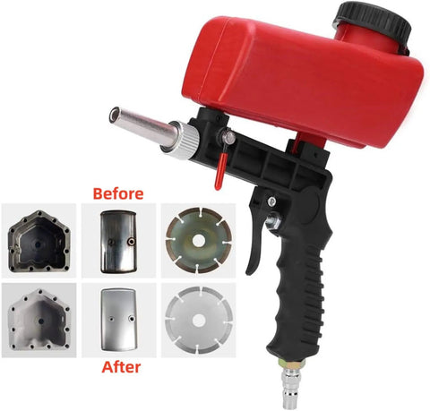 Wreck Old Rust And Peeling Paint Fast With This Heavy Duty Gravity Sandblaster Gun Kit Using A Ninety Psi Pneumatic Trigger To Prep Metal And Wood Smooth Without Breaking A Sweat In Red, showing handle and hopper.