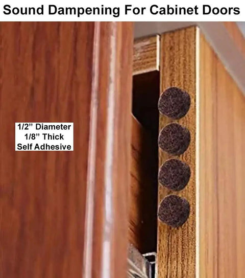 Close-up of 48 Pack Self Adhesive White Felt Bumper Pads on cabinet door for sound dampening and surface protection.