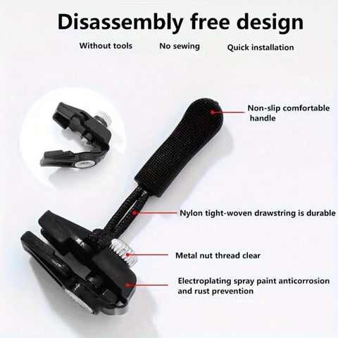 12 Piece Zipper Repair Kit With Quick Install Detachable Pulls In 3 Different Sizes For Jackets Luggage And Bags No Sewing Needed Works On Metal Or Plastic Zippers Simple DIY Fix showing non-slip handle and metal nut thread.