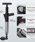 High Pressure Toilet Plunger For Clogs With Real Time Barometer And Stainless Steel Drain Blaster showing design and features.