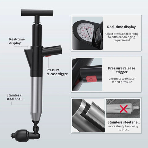 High Pressure Toilet Plunger For Clogs With Real Time Barometer And Stainless Steel Drain Blaster showing design and features.