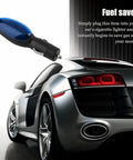 Side view of blue plug-in fuel saver device with 12V cigarette lighter plug; two-pack.