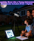 Family using Totally Kid Friendly 60mm Telescope With 18x To 90x Magnification, Sturdy Tripod in backyard at night