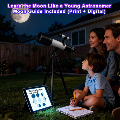 Family using Totally Kid Friendly 60mm Telescope With 18x To 90x Magnification, Sturdy Tripod in backyard at night