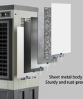 Mobile Pedestal Evaporative Cooler With Easy Top Fill Tank 3 In 1 Swamp Air Cooling Fan showing sheet metal body and interior construction details.