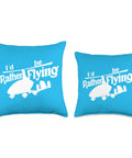 Blue Gyrocopter Throw Pillow with white text 'I'd Rather be Flying' for Autogyro Pilots; Cozy Aviation Cushion for Cockpits