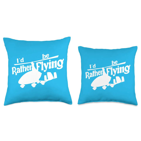 Blue Gyrocopter Throw Pillow with white text 'I'd Rather be Flying' for Autogyro Pilots; Cozy Aviation Cushion for Cockpits