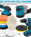 Six Inch Buffing Polishing Pad Kit With Wool Pads And M14 Drill Adapter shown with sander, polisher, and drill