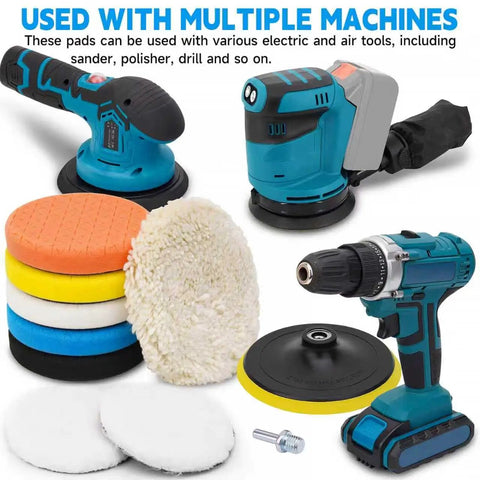 Six Inch Buffing Polishing Pad Kit With Wool Pads And M14 Drill Adapter shown with sander, polisher, and drill